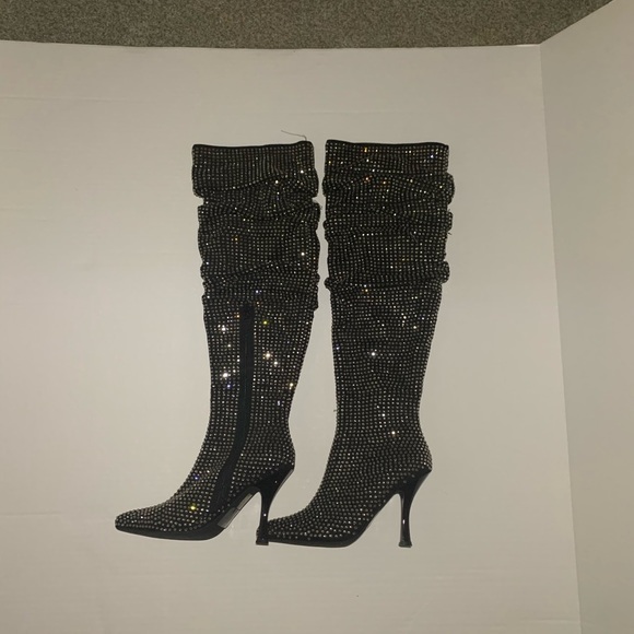 Rhinestone embellished knee high heeled boots - Picture 1 of 1